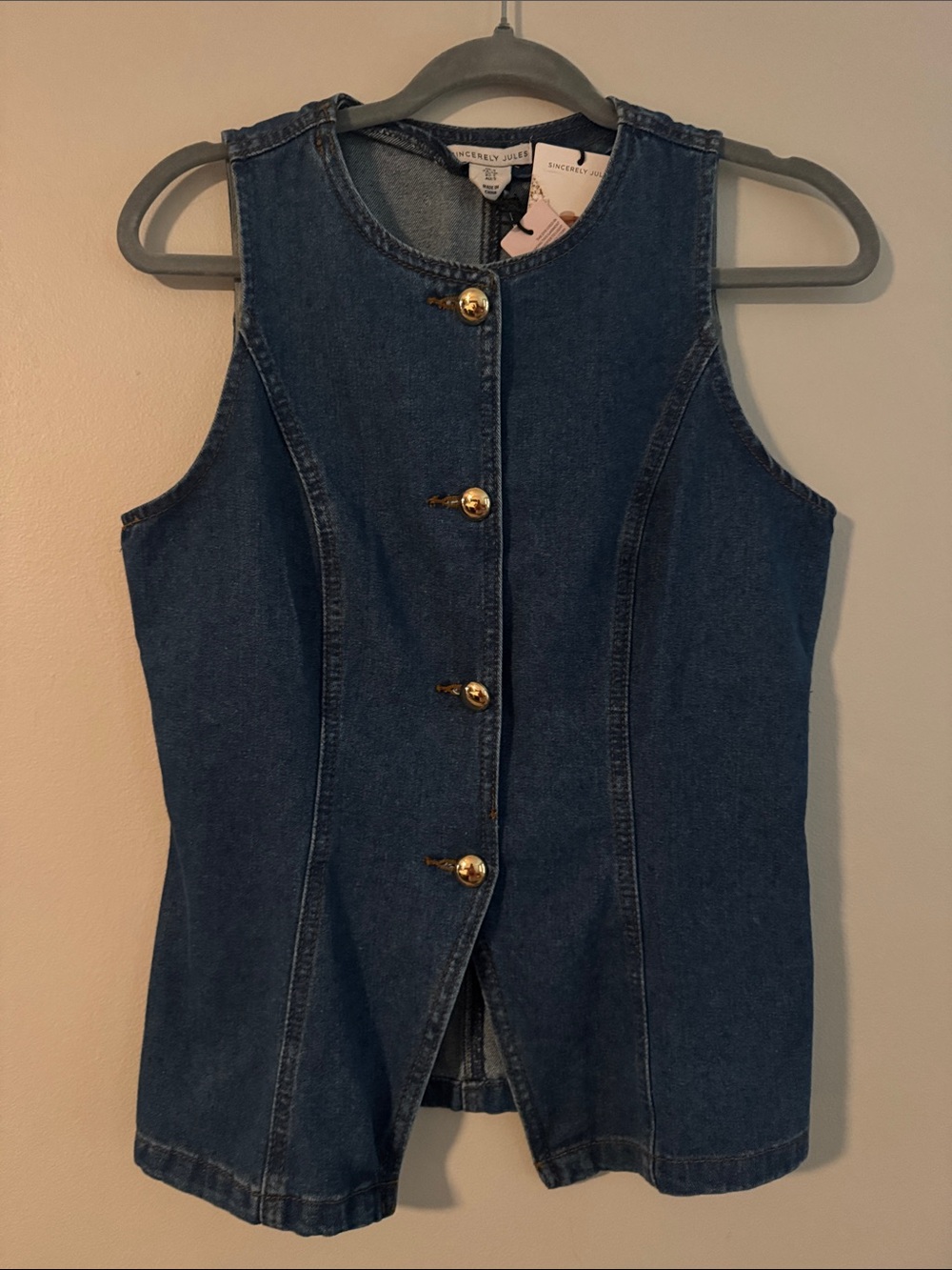 Sincerely Jules Dark Blue Denim Vest with Gold Buttons